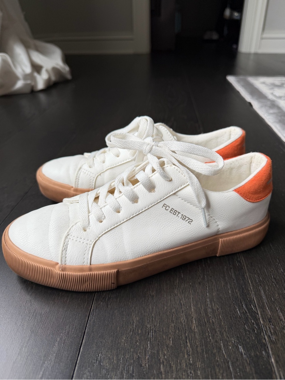 French Connection White Low-Top Sneakers with Gum Sole and Orange Heel Accent